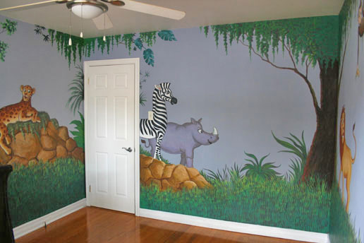 Kids jungle animals, nursery mural painting with zebra and rhinoceros by Richard Ancheta.